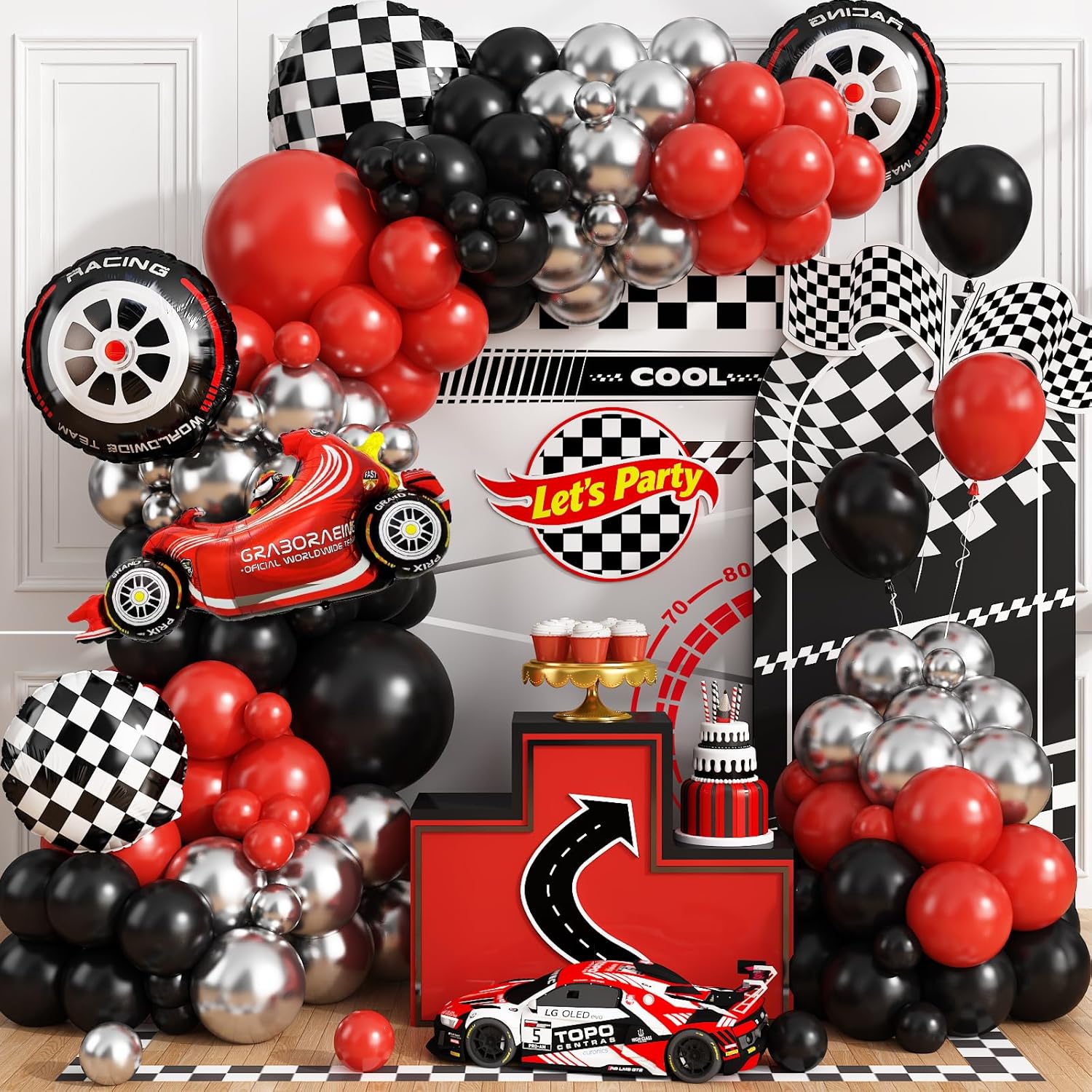 Lighting Mcqueen Birthday Decor - Kit de Arco de Balões Xadrez